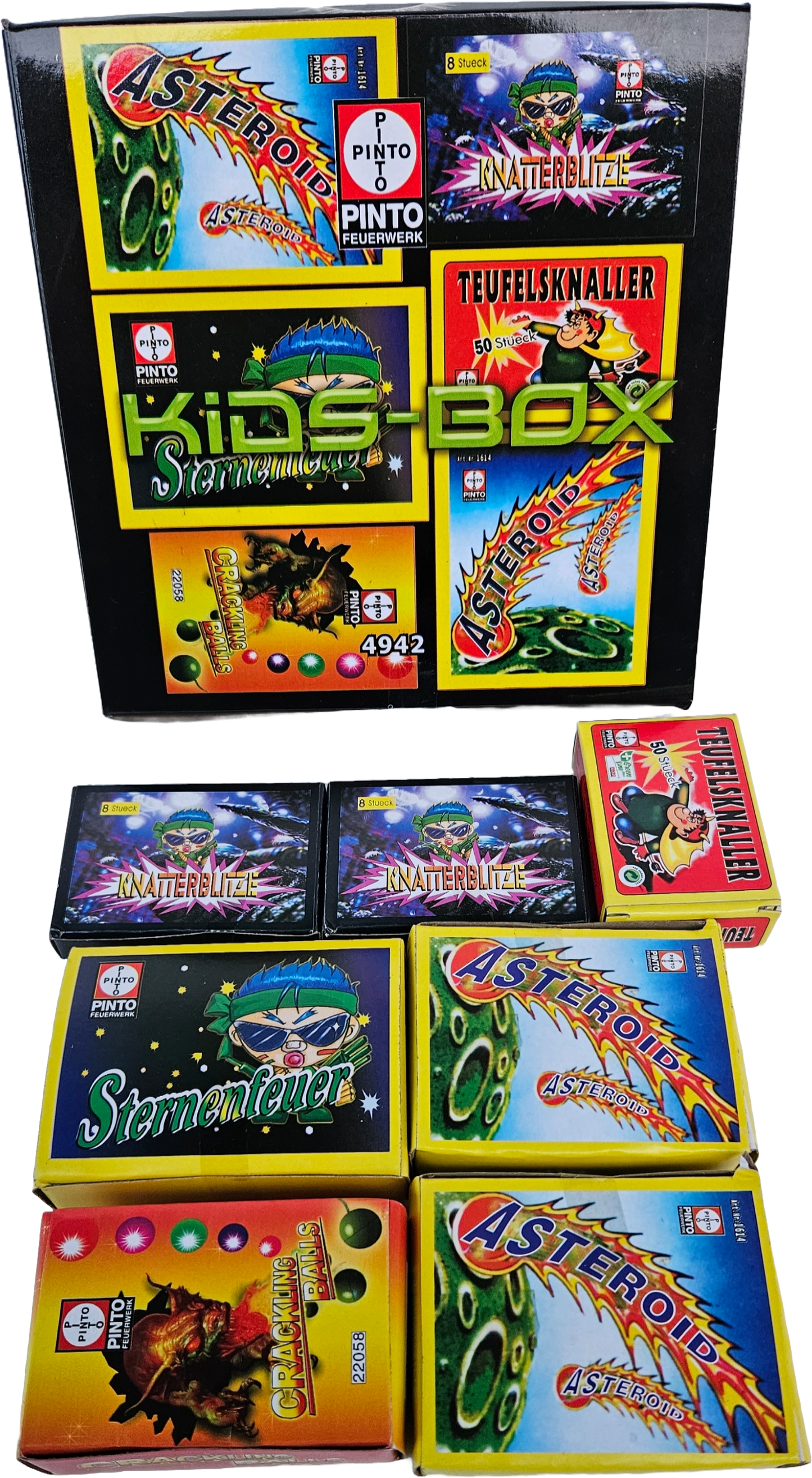Pinto Kids-Box 102-teiliges Feuerwerks Set für Kinder inklusive Verpackungen beinhaltet 2 Asteroid, Knatterblitze, Sternenfeuer, Crackling Balls und Teufelsknaller