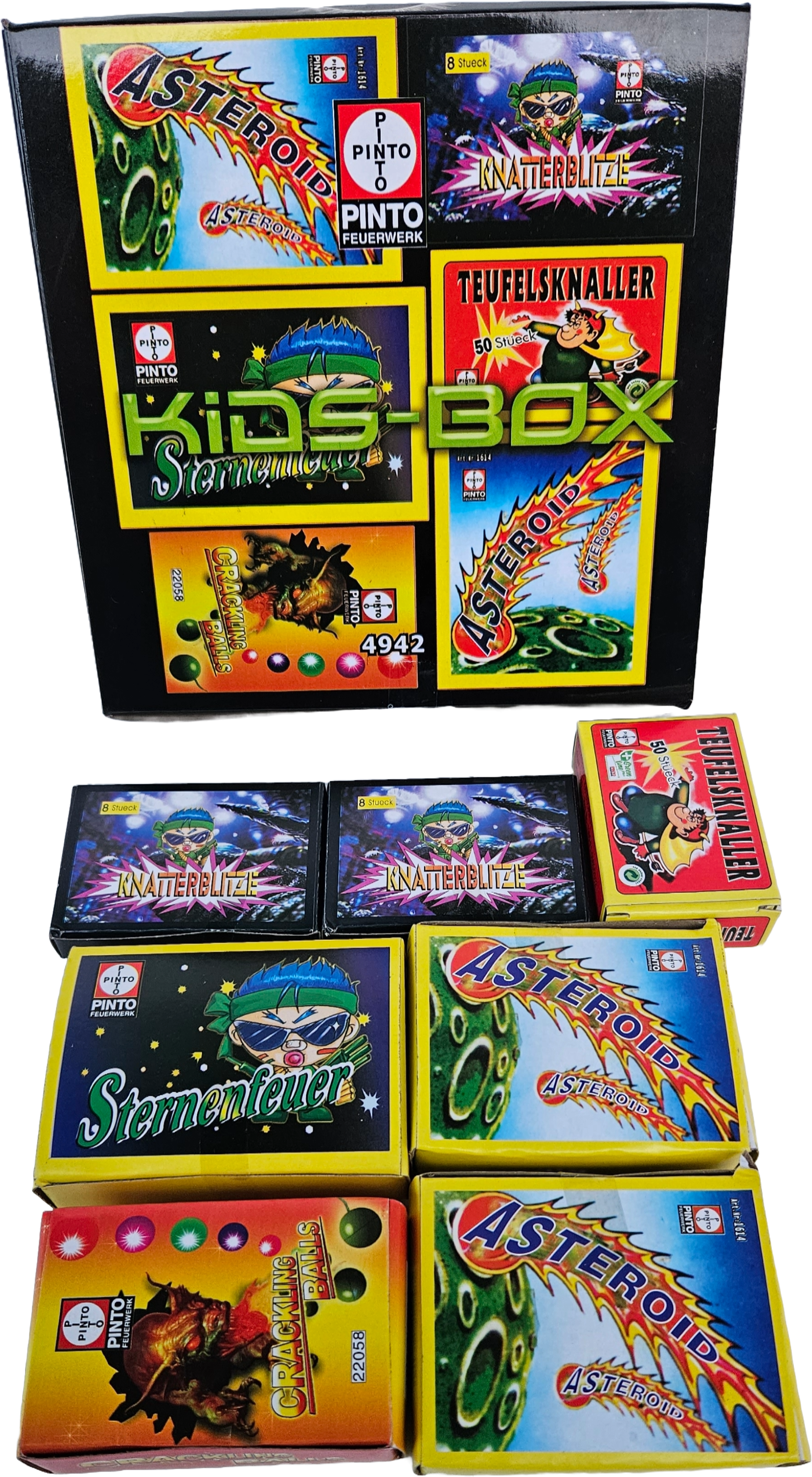 Pinto Kids-Box 102-teiliges Feuerwerks Set für Kinder inklusive Verpackungen beinhaltet 2 Asteroid, Knatterblitze, Sternenfeuer, Crackling Balls und Teufelsknaller